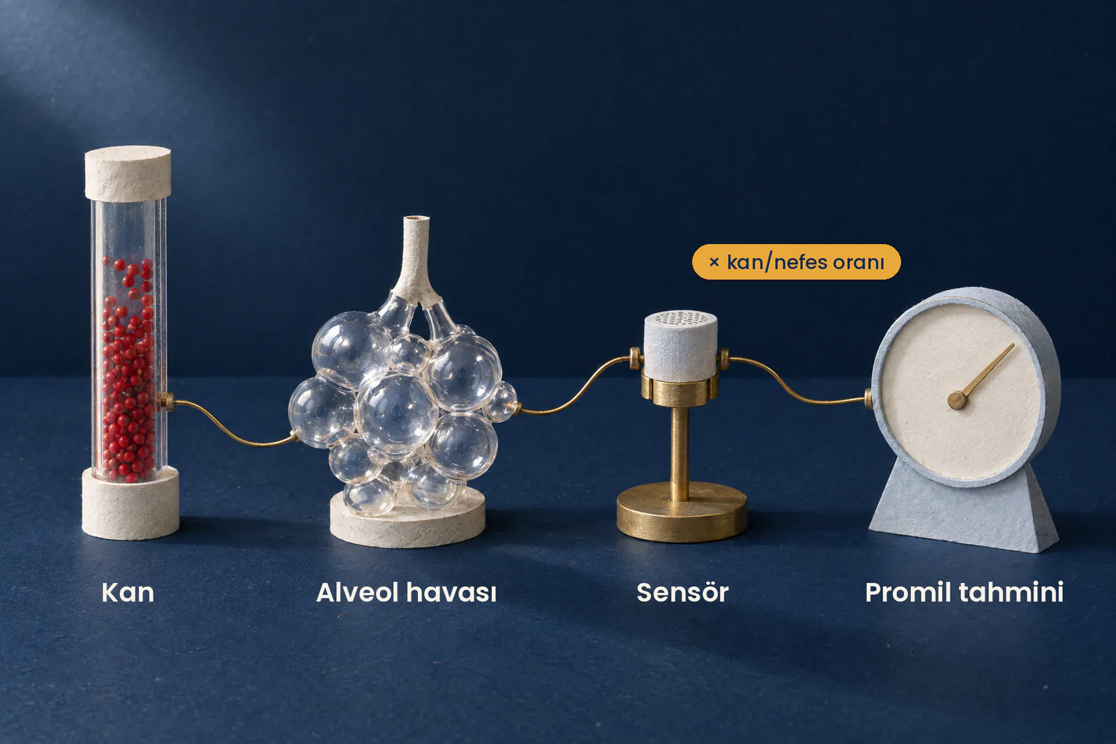 Alkolmetre kandaki alkolü değil, akciğer havasındaki alkolü ölçer ve kan/nefes oranıyla promil tahminine dönüştürür