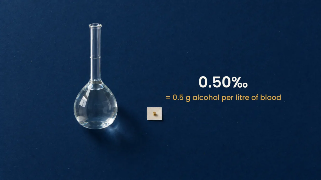 A one-litre glass flask and a tiny half-gram brass weight: 0.50 promille is 0.5 grams of alcohol per litre of blood