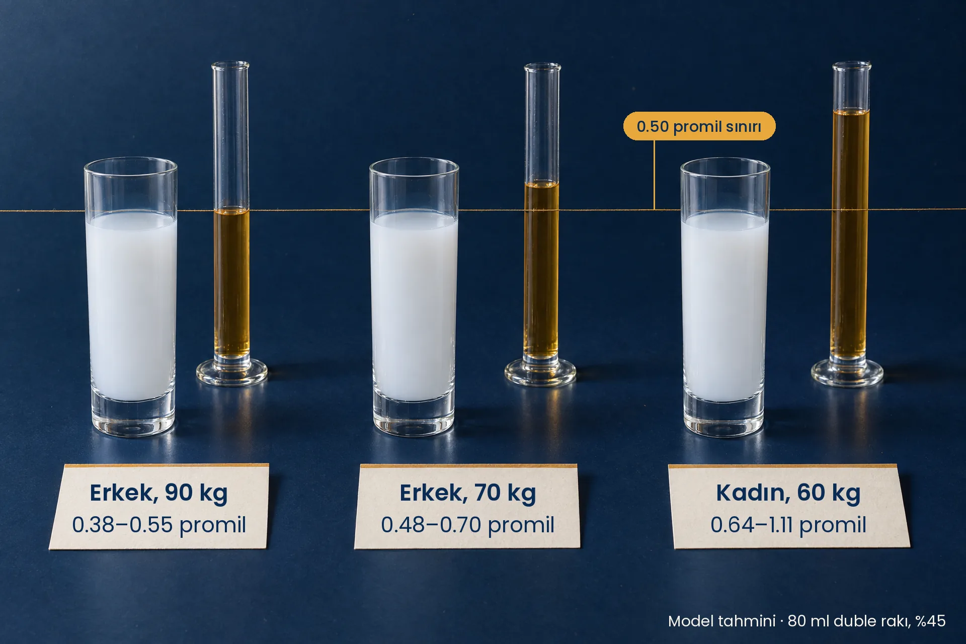 Aynı 80 ml duble rakı, model tepe değeri: 90 kg erkek 0.38–0.55, 70 kg erkek 0.48–0.70, 60 kg kadın 0.64–1.11 promil