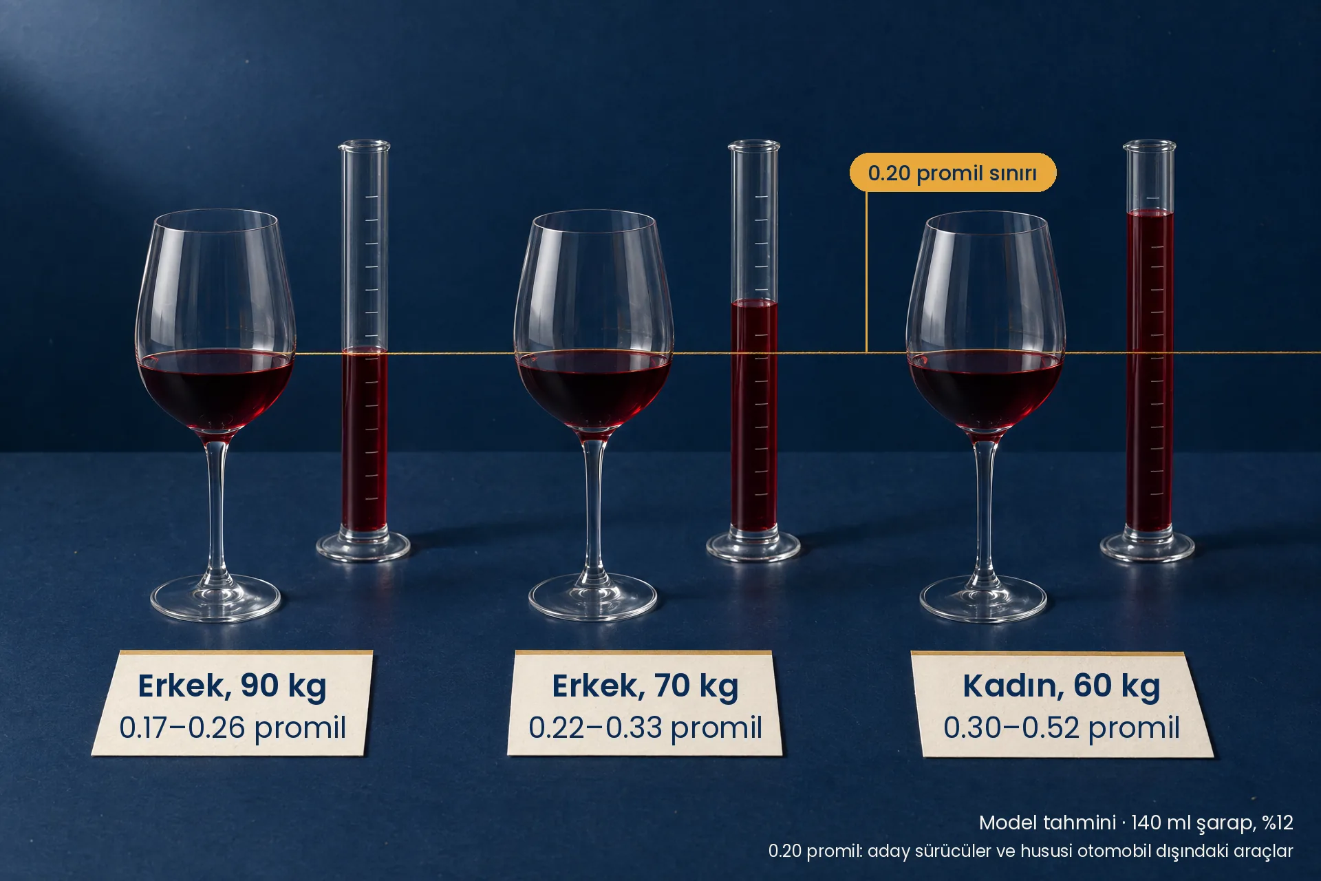 Aynı 140 ml kadeh şarap, model tepe değeri: 90 kg erkek 0.17–0.26, 70 kg erkek 0.22–0.33, 60 kg kadın 0.30–0.52 promil; 0.20 promil sınırı