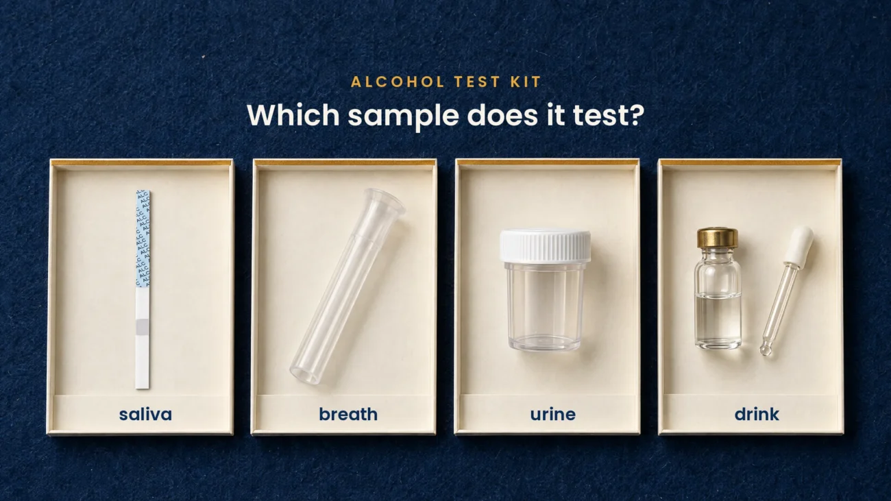 Types of alcohol test kit: saliva, breath, urine and drink samples, with the AlkoSafe saliva test strip