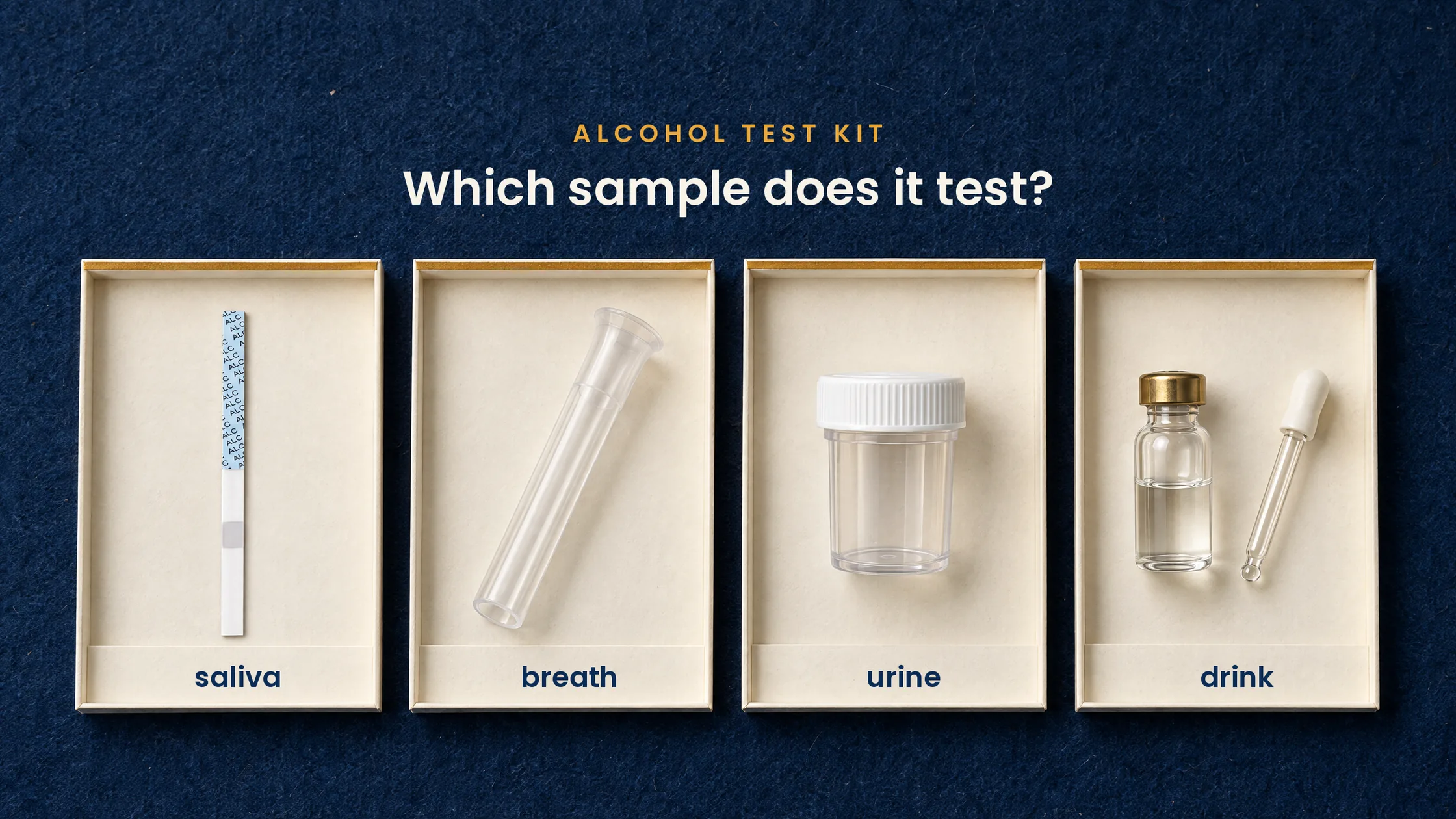 Types of alcohol test kit: saliva, breath, urine and drink samples, with the AlkoSafe saliva test strip