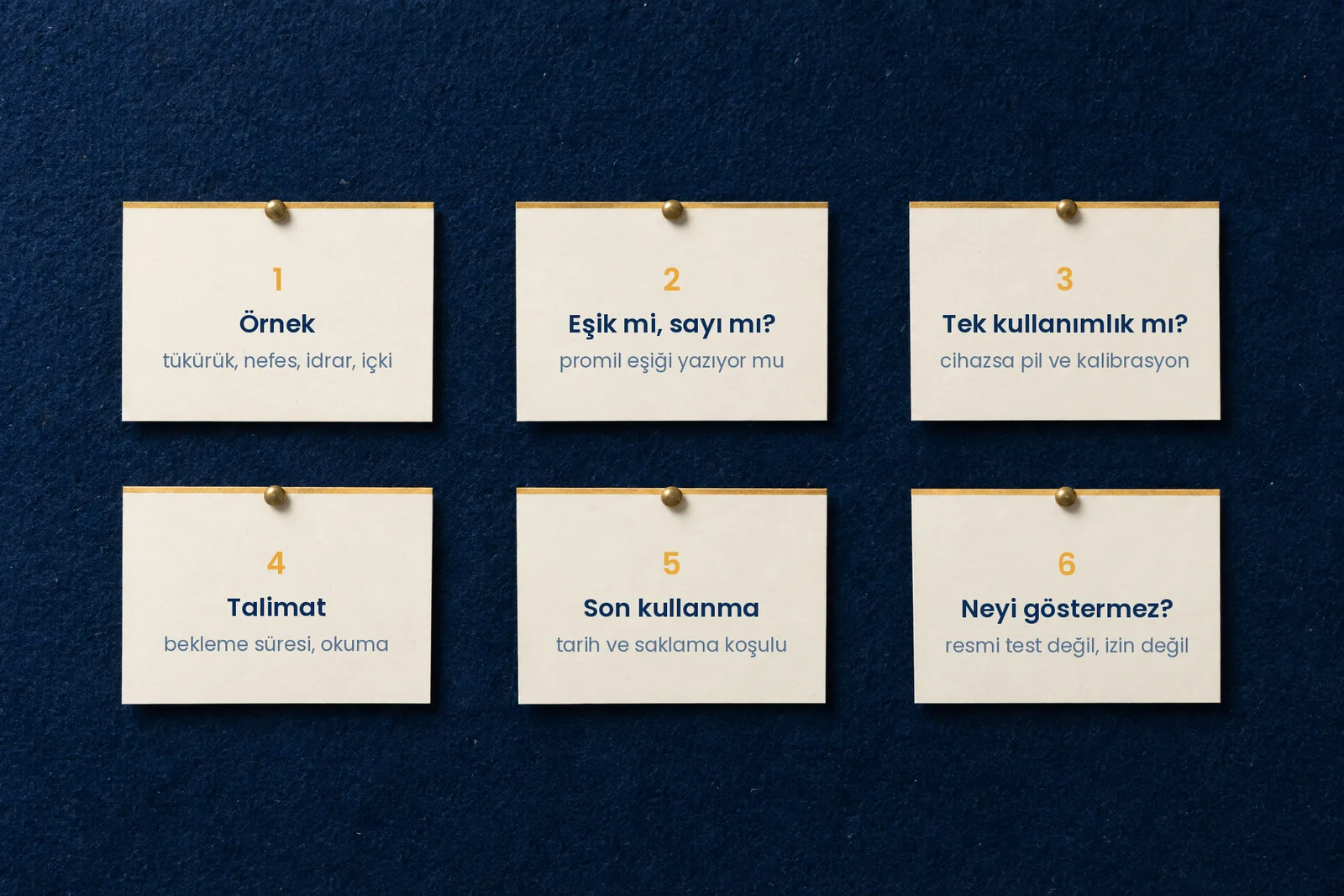 Alkol testi kiti alırken 6 kontrol: örnek, eşik veya sayı, tek kullanımlık veya cihaz, talimat, son kullanma, neyi göstermediği