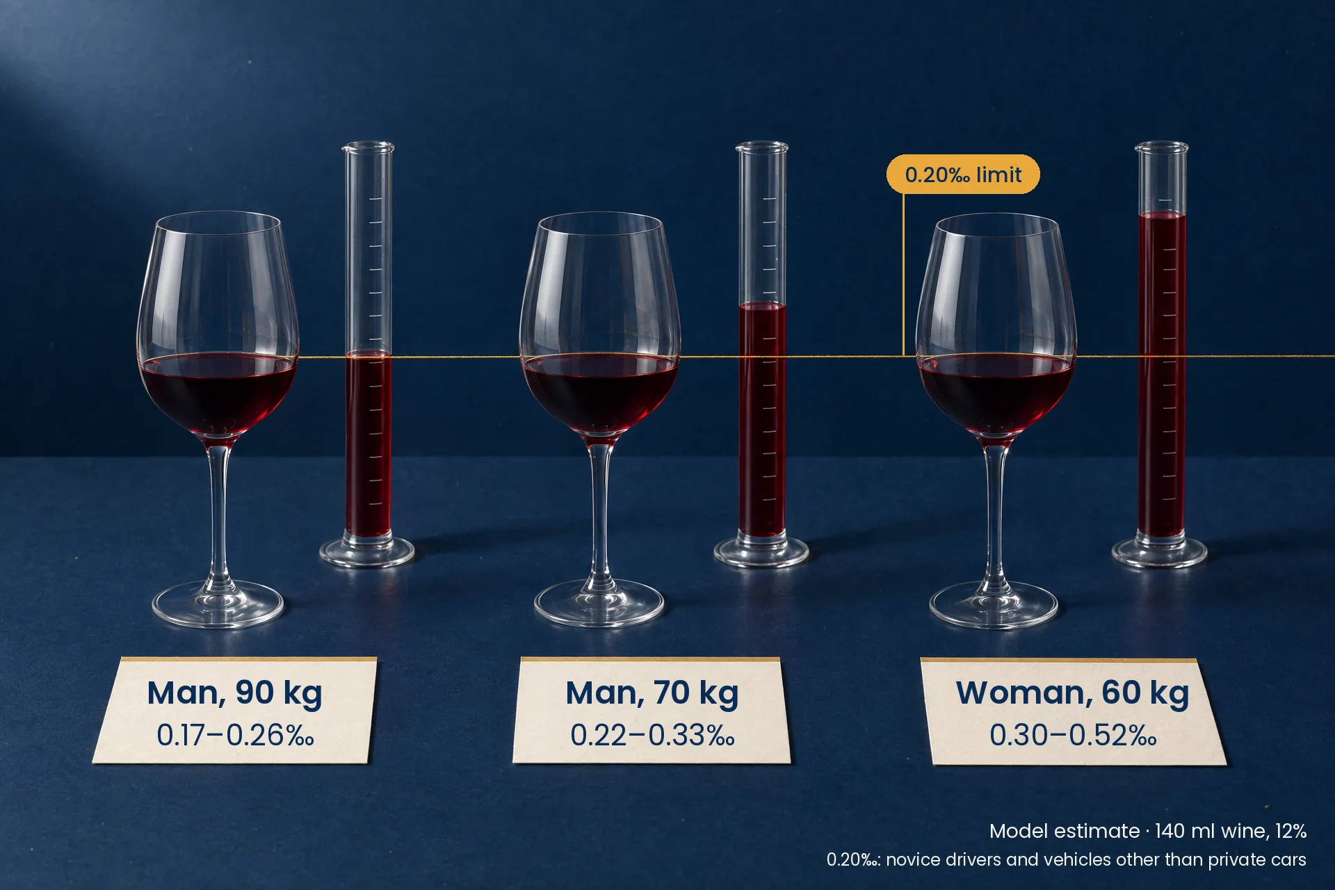 The same 140 ml glass of wine, model peak: man 90 kg 0.17–0.26‰, man 70 kg 0.22–0.33‰, woman 60 kg 0.30–0.52‰; 0.20‰ limit
